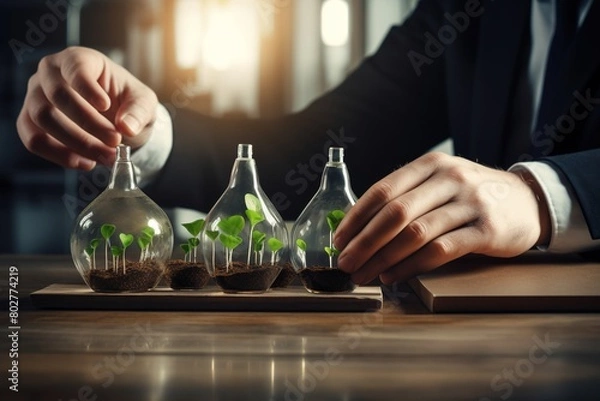 Fototapeta a man is working in a lab with a bottle of water.