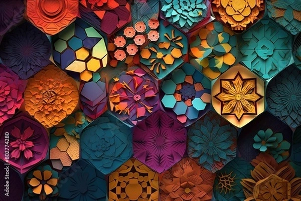 Fototapeta a collection of colorful paper flowers with a blue flower on the bottom.