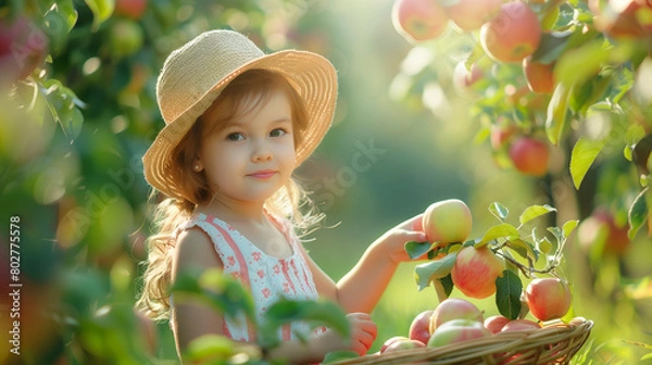 Fototapeta little girl in the garden carry apple and pluging apple red and green from tree