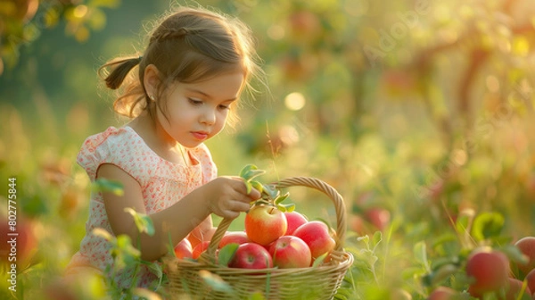Fototapeta little child with apples sunset sun rising trees and flower in ground or fruit 