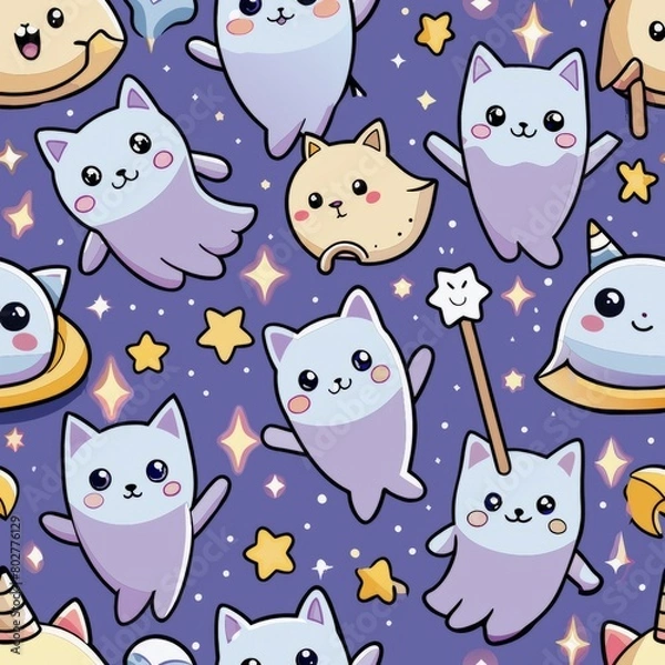 Fototapeta Seamless pattern of happy ghost kittens with magical wands, Generative AI