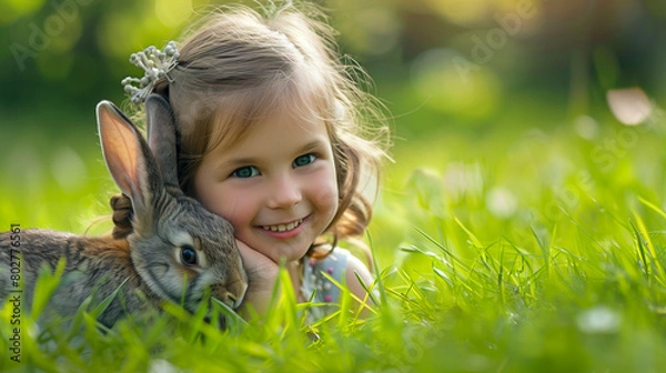 Fototapeta little girl with bunny rabbit black rabbit fresh grass