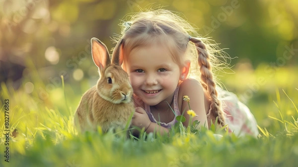 Fototapeta little girl with bunny rabbit grass sun set little girl enjoy and fast animal in speed 