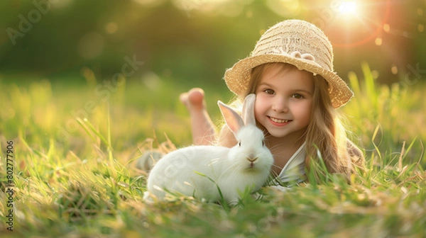 Fototapeta white ester ribbit and little girl enjoy in grass garden 