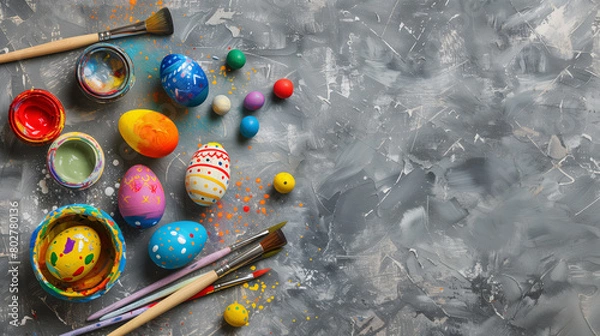 Fototapeta eggs on a table clour red yellow and green brush 