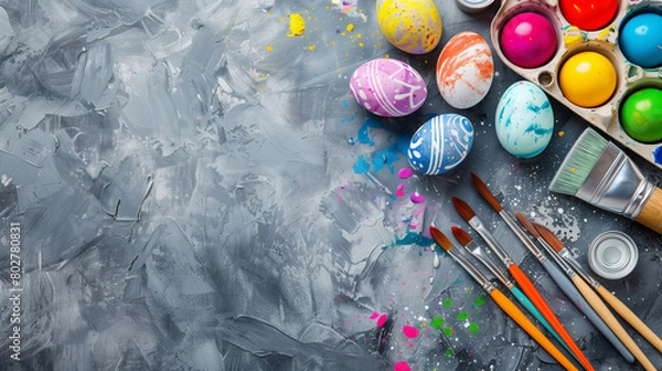 Fototapeta palette with paints and brushes easter eggs on a wooden background printed egg brush 