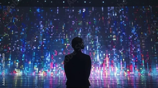 Fototapeta A person is standing in front of a large screen with a colorful display