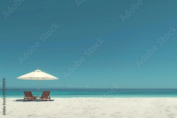 Fototapeta Serene Tropical Beach with White Sand, Umbrella, and Two Lounge Chairs Overlooking Ocean. Horizontal banner with copy space