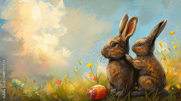 Fototapeta easter bunny in the grass with litte baby