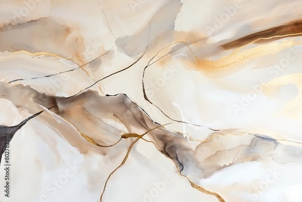 Obraz Alcohol ink with thin gold lines on a white background. Fluid texture with abstract shapes and forms in neutral tones of beige, grey, and brown, organic fluid lines in the style of nature.
