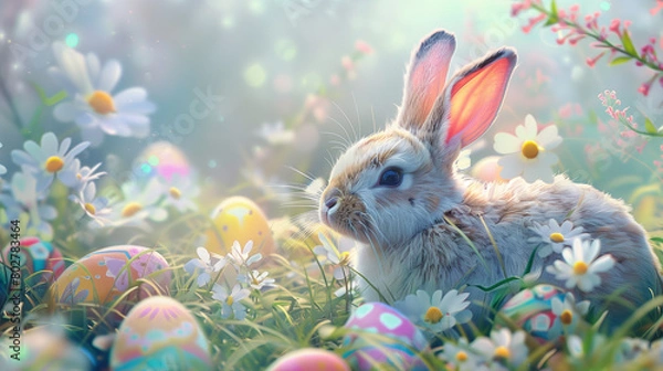 Fototapeta easter bunny and easter eggs in one fram colourful rabit
