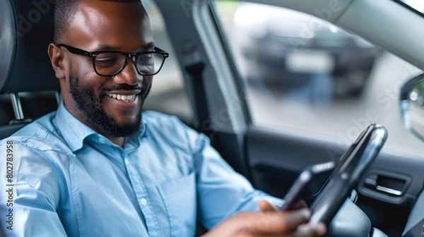 Fototapeta Smiling man in blue shirt using smartphone while sitting in a car. Casual style, modern technology, daily commute. AI
