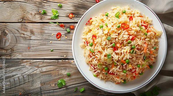 Fototapeta rice with vegetables and meat blow on wodden table 