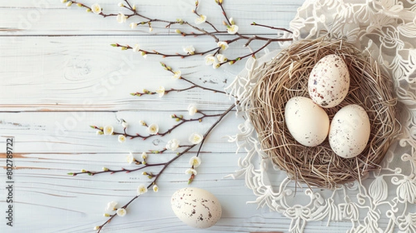 Fototapeta easter eggs in a nest amazing view white colourful background