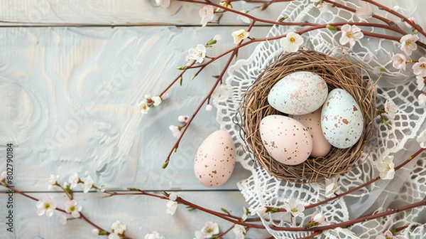 Fototapeta quail eggs in a nest white and pink eggs wodden log 