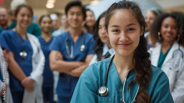Fototapeta A young female nursing student, surrounded by a diverse group of medical students and doctors, all wearing scrubs and stethoscopes, genuine photojournalism. Ai generated