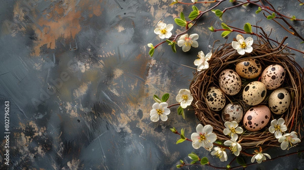 Fototapeta eggs in a nest white flower green leaves woden box colour full background