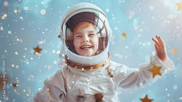 Fototapeta Happy child dressed as an astronaut, with helmet and stars illustrated, in a universe of play