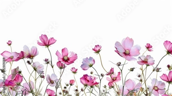 Fototapeta A beautiful field of pink and white flowers against a white sky. Perfect for springtime concepts