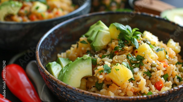 Fototapeta stir fried rice with vegetables in blow green red chilly