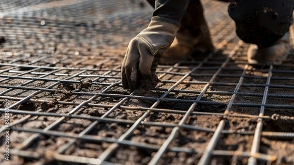 Fototapeta Installation of geogrids for soil stabilization, close-up, detailed mesh and hands working 