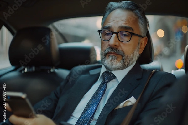 Fototapeta Stylish middle-aged business man in suit and glasses using smartphone while sitting on backseat of car, photographed in the style of sony alpha