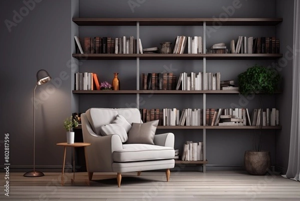 Fototapeta cozy home library interior with bookshelves and armchair, grey color scheme. AI generated