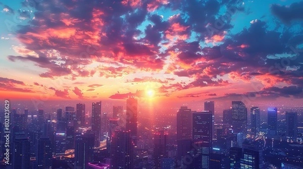 Fototapeta Dynamic cityscape with skyscrapers silhouetted against a colorful sunset