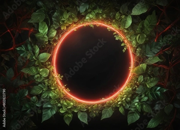 Fototapeta A red neon circle is framed by a ring of green leaves on a dark background.