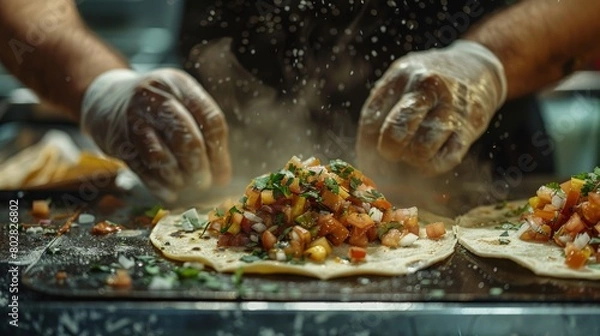 Obraz Candid shot of tacos being made in a foodtruck