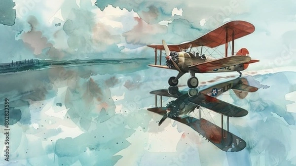 Fototapeta Peaceful watercolor illustration of a World War I fighter plane cruising above a tranquil lake, reflection mingling with sky and water