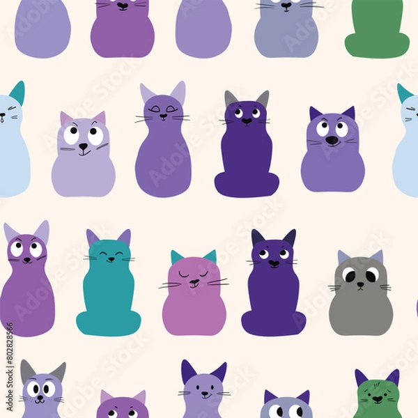 Fototapeta Seamless pattern with cute kitten print. Different scandy cats on color background. Scandinavian style illustration for kids. Vector illustration for fabric, textile, wallpaper, home clothing, pajama