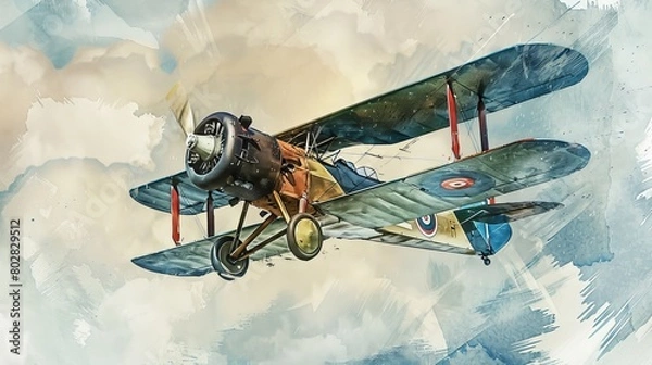 Fototapeta Vintage watercolor scene featuring a SPAD S.XIII fighter aircraft, set against a backdrop of a clear sky streaked with gentle clouds, evoking a sense of freedom