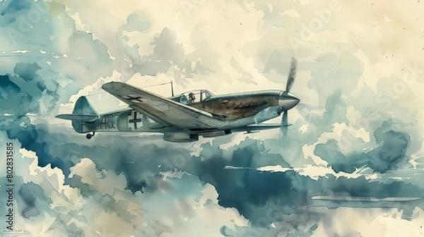 Fototapeta Watercolor illustration of a Messerschmitt Bf 109 cruising through a sky dotted with cumulus clouds, capturing its advanced maneuverability