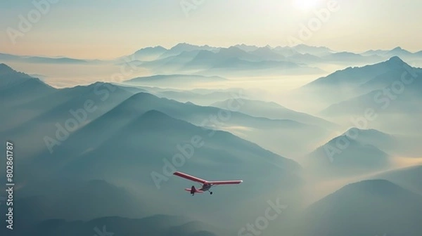 Fototapeta Glider soaring peacefully over a mountain range wings highlighted by the sunlight capturing the essence of freedom and tranquility
