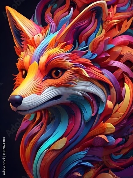 Obraz 3D vector rainbow colored, wavy fractal neon Fox head.