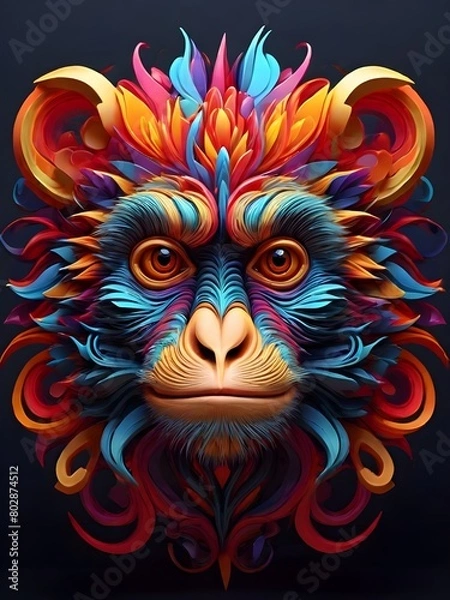 Obraz 3D vector rainbow colored, wavy fractal neon Monkey head.