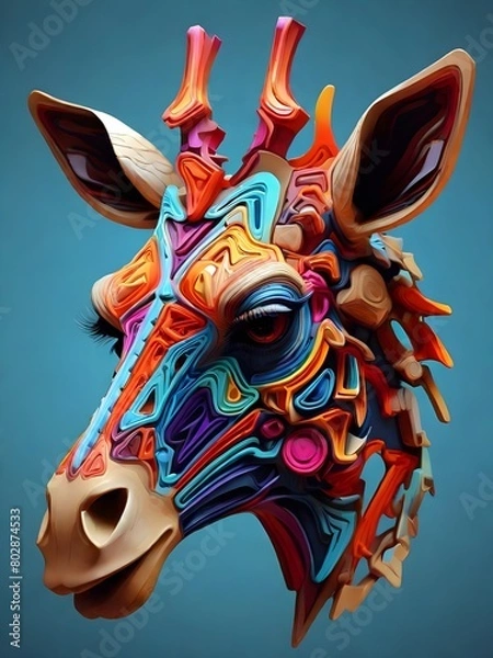 Obraz 3D vector rainbow colored, wavy fractal neon Giraffe head.