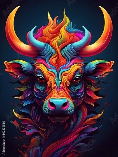 Obraz 3D vector rainbow colored, wavy fractal neon Bulls head.