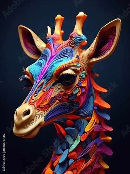 Obraz 3D vector rainbow colored, wavy fractal neon Giraffe head.