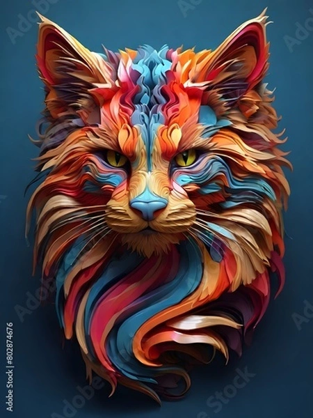 Obraz 3D vector rainbow colored, wavy fractal neon cat head.