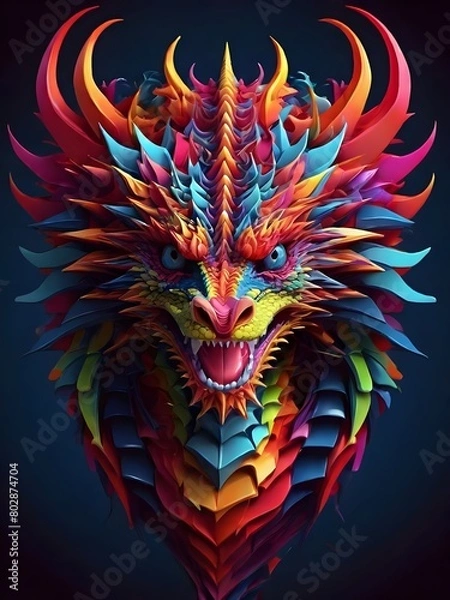 Obraz 3D vector rainbow colored, wavy fractal neon Dragon head.