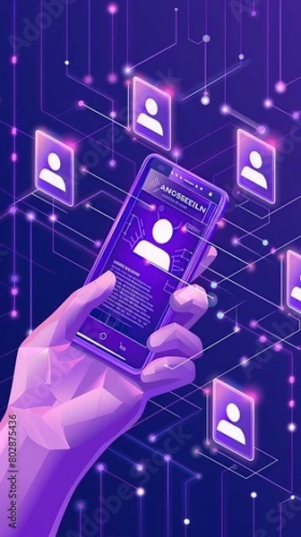 Obraz A hand holding a smartphone with a glowing screen. The background is a dark blue with purple and pink accents.