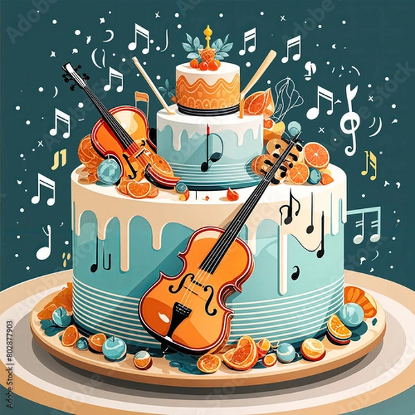 Fototapeta A colorful birthday cake with a violin, musical notes, and other musical elements on a dark background