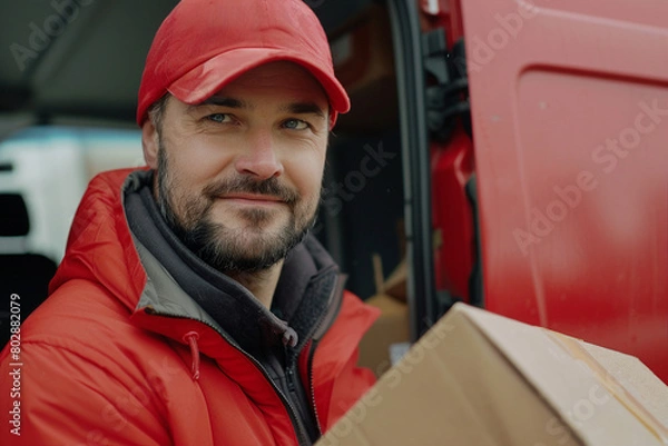 Fototapeta Fast and best delivery service in city AI generated illustration of delivery man woman