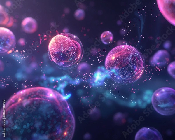 Fototapeta A dreamlike landscape of floating data orbs representing medical breakthroughs in science,