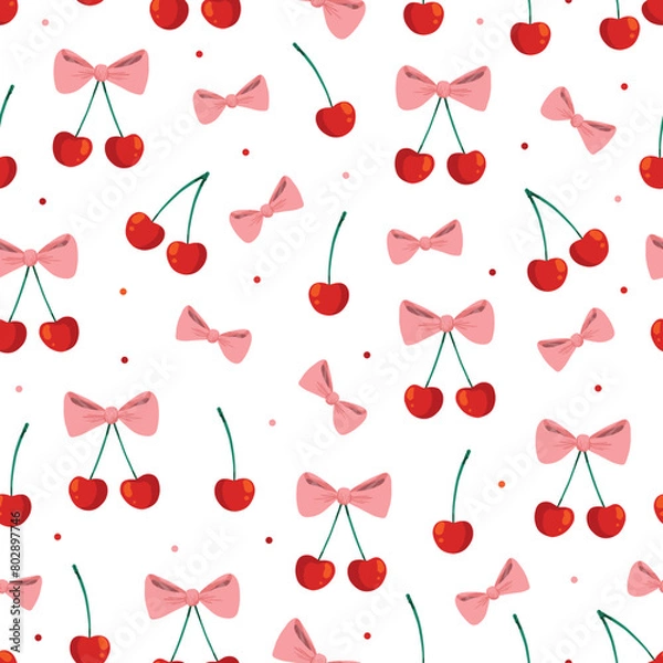 Fototapeta Coquette pink bows and cherries - seamless pattern design