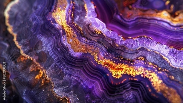 Fototapeta Closeup of an intricate and colorful geode, showcasing the mesmerizing patterns inside with purple hues and golden accents.
