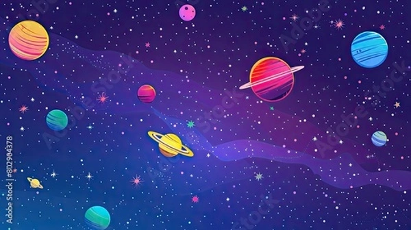 Fototapeta Colorful illustration of a whimsical outer space scene with various stylized planets and stars on a purple background