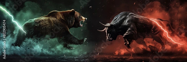 Fototapeta Bear market vs bull market in front of Bitcoin and cryptocurrency market chart image.